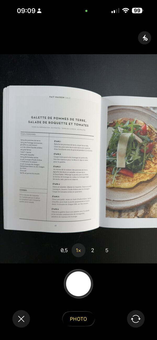 Capture caméra iOS d'une recette dans un livre de cuisine